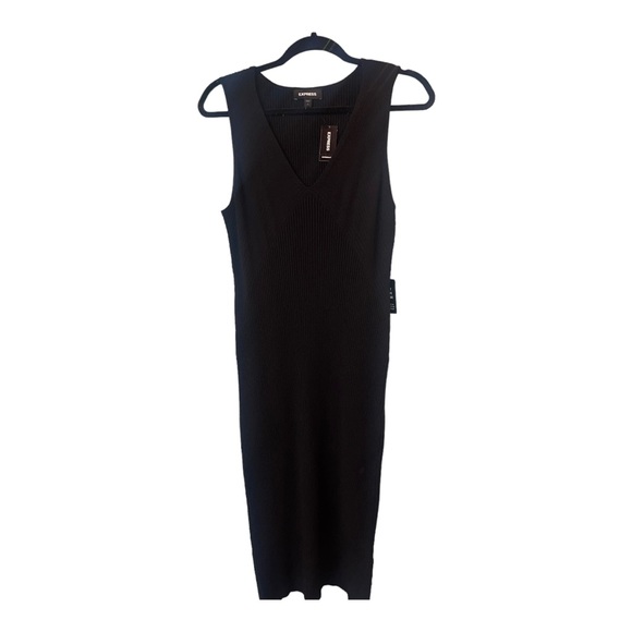 EXPRESS Black Ribbed V-Neck Sleeveless Midi Sweater Dress M NWT - Picture 2 of 10